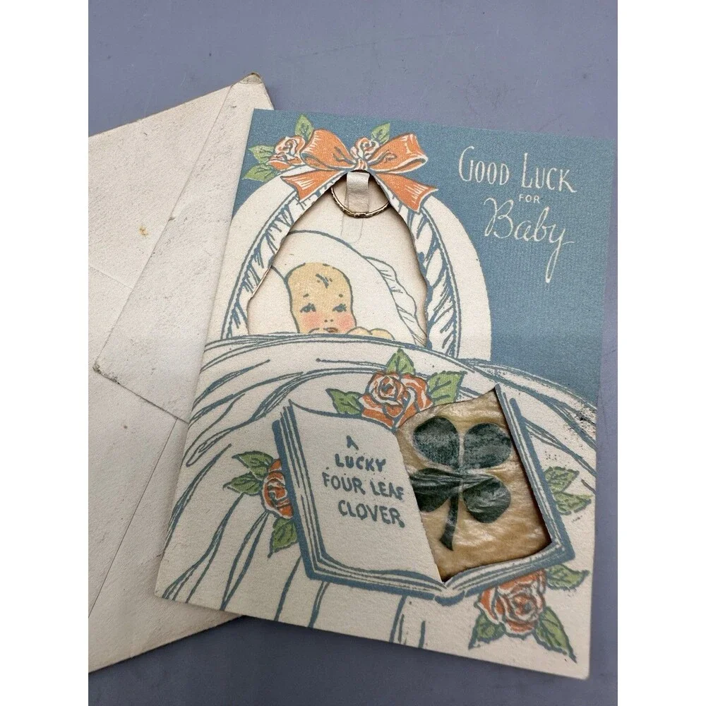 1946 Legget Dept Store Baby Birth Luck W Gold Ring 4 Leaf Clover